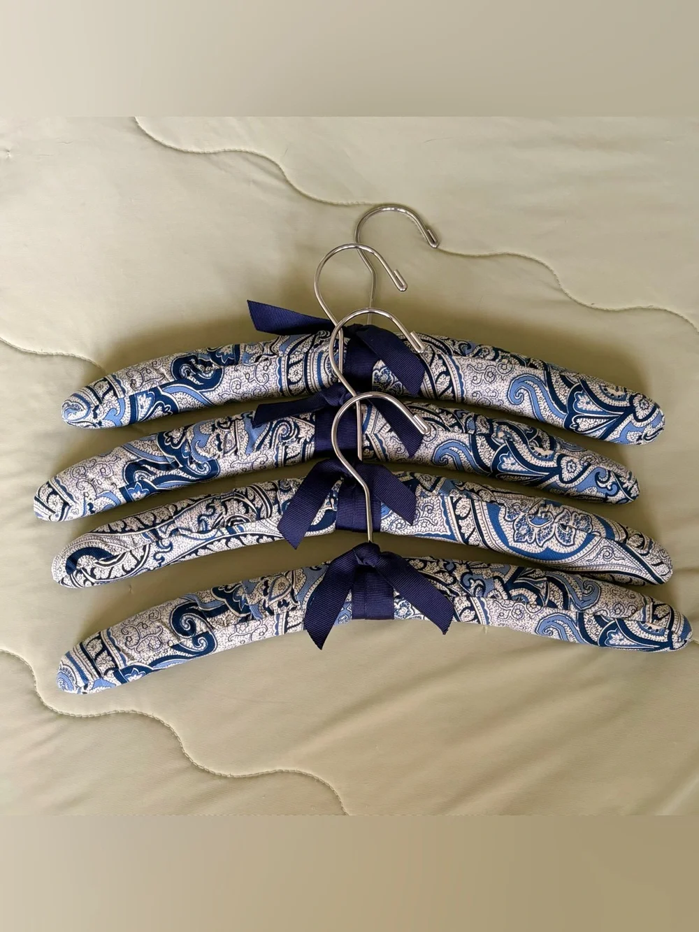 Padded Paisley Style Print Fabric Hangers in Navy and Cream - Set of 4
